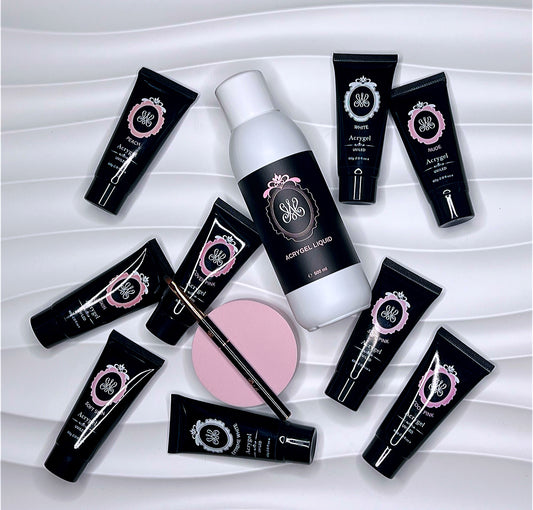 AM Professional Acrygel Studio Bundle – 9× Acrygel, Slip-Liquid 500 ml & Gel-Pinsel #6 gratis.