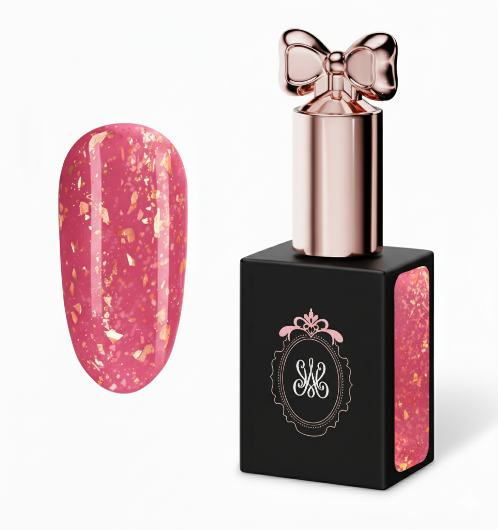 Berry Glow Soak Off Builder Gel – intensives Beerenrot mit warmen Goldflakes und tiefem Glanz, Studio Amelie Eternal Glow Collection.