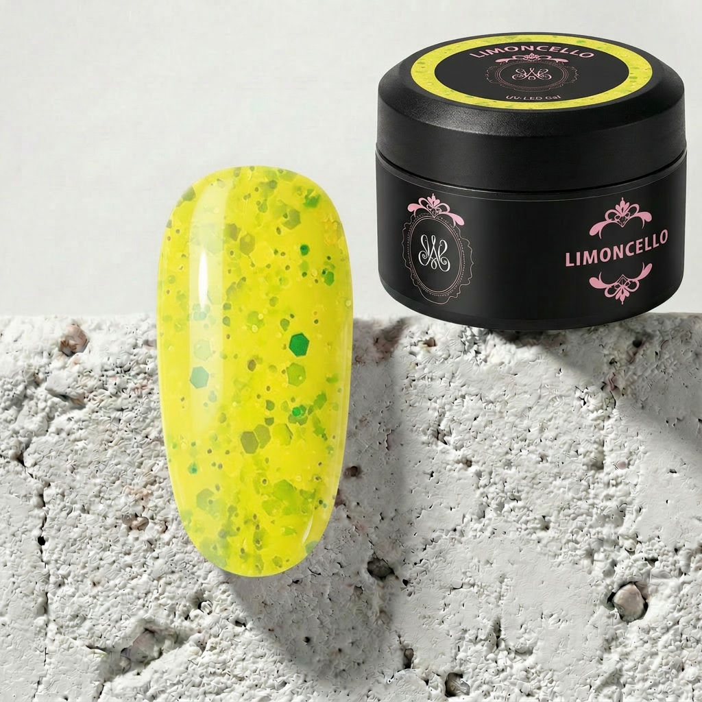 Studio Amelie Limoncello UV-Gel – frisches, gelbes Aufbaugel mit grünen und gelben Glitzerpartikeln für lebendige Nails.