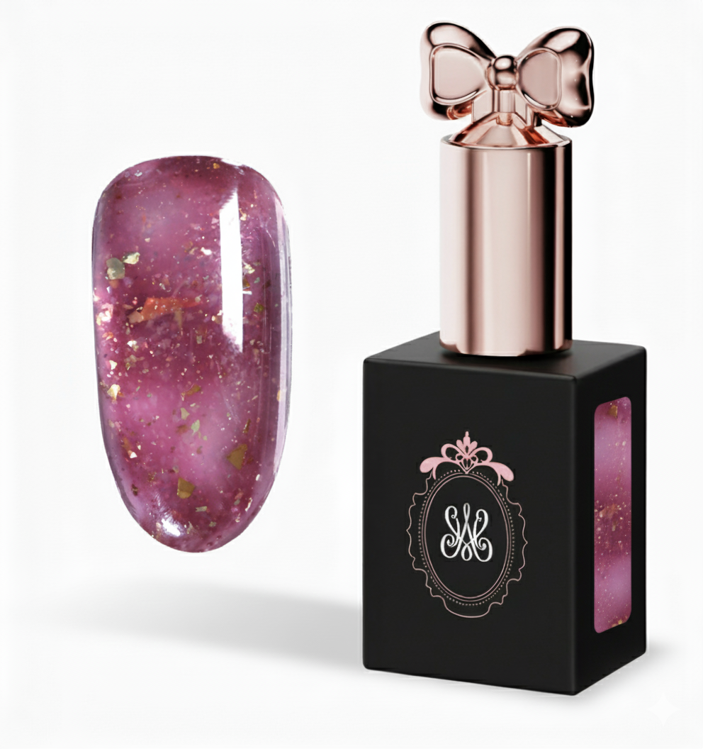 Royal Mauve Soak Off Builder Gel – edles Mauve mit luxuriösen, reflektierenden Goldflakes und elegantem 3D-Finish, Studio Amelie Eternal Glow Collection.
