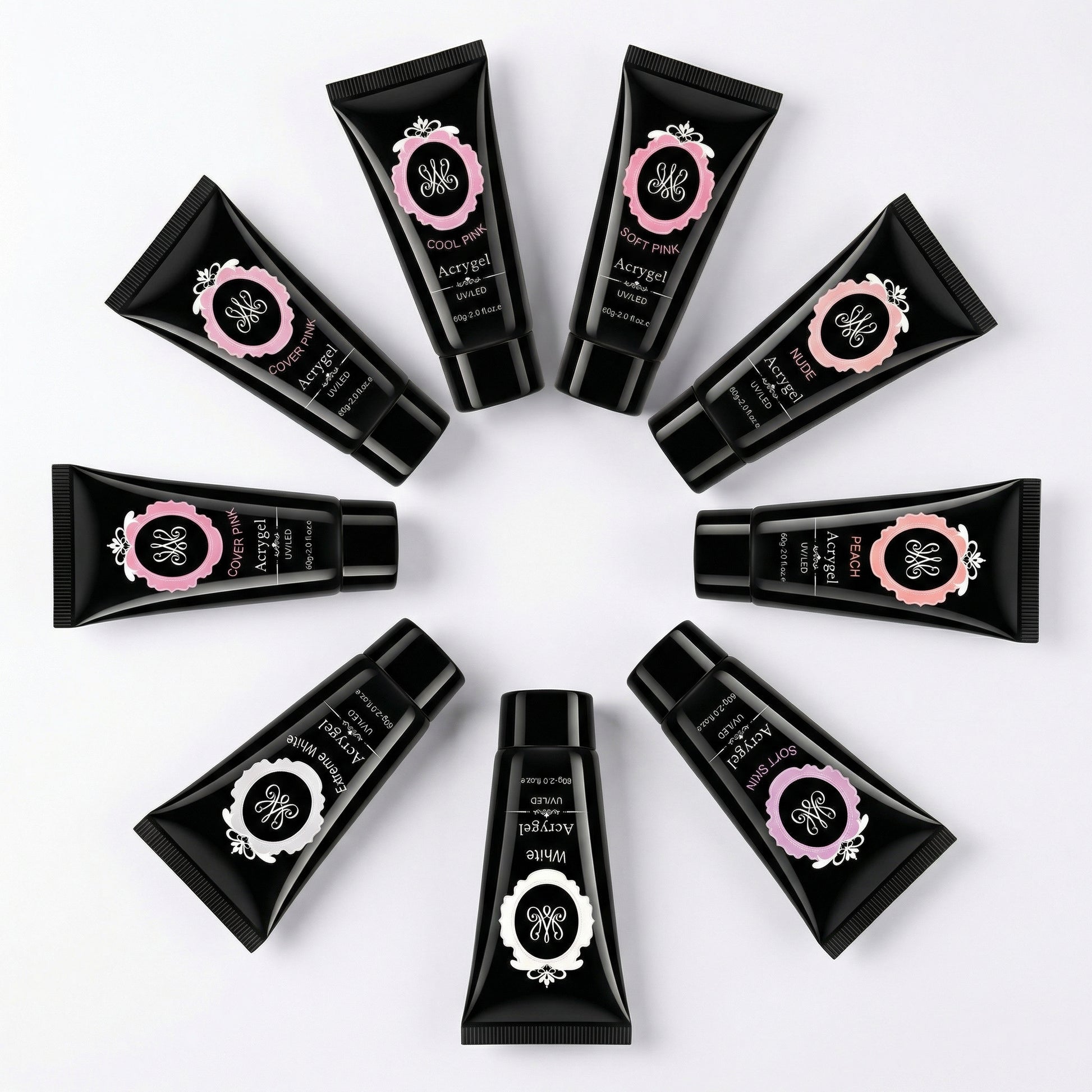 Übersicht der Studio Amelie Acrygel Farbauswahl – Verschiedene Nude-, Rose- und Weißtöne in der Tube, HEMA-frei und TPO-frei.