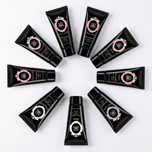 Übersicht der Studio Amelie Acrygel Farbauswahl – Verschiedene Nude-, Rose- und Weißtöne in der Tube, HEMA-frei und TPO-frei.