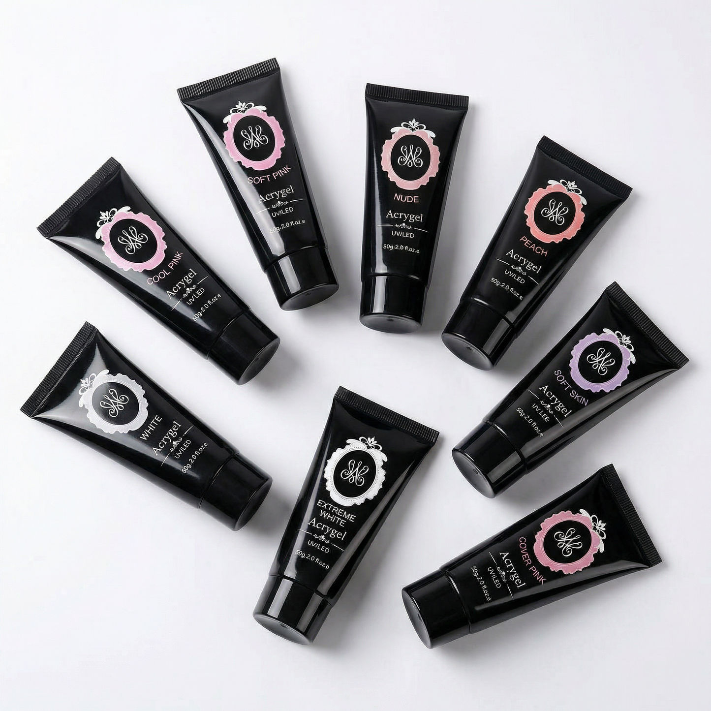 Übersicht der Studio Amelie Acrygel Farbauswahl – Verschiedene Nude-, Rose- und Weißtöne in der Tube, HEMA-frei und TPO-frei.