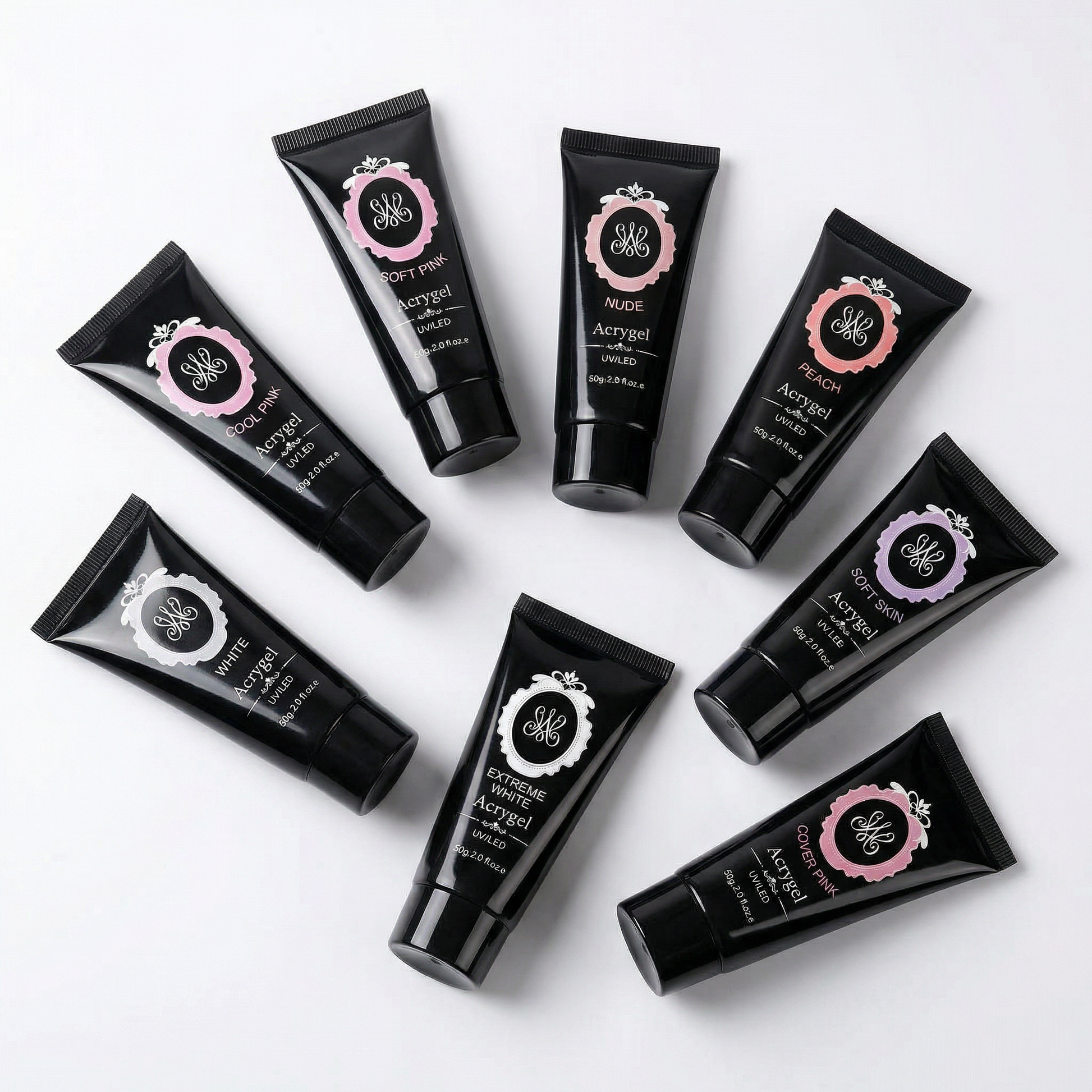 Übersicht der Studio Amelie Acrygel Farbauswahl – Verschiedene Nude-, Rose- und Weißtöne in der Tube, HEMA-frei und TPO-frei.