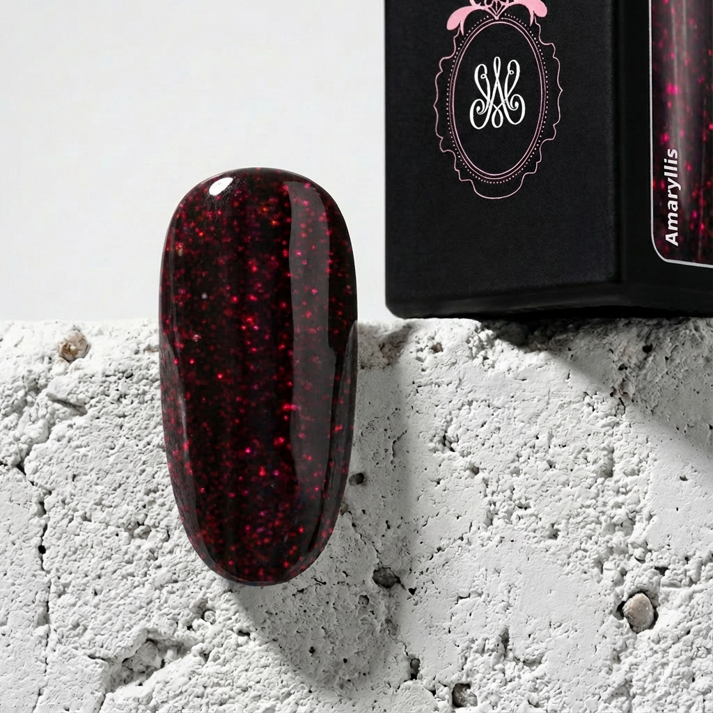 Studio Amelie Soak-Off Color Gel – Farbton Amaryllis, dunkles Rot mit Glitter-Finish