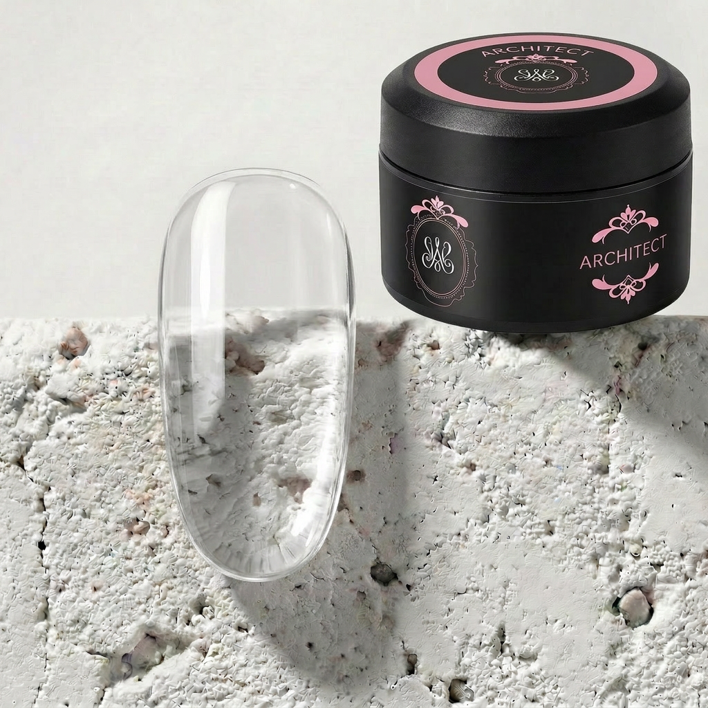 Kristallklares Architect Extreme Builder Gel von Studio Amelie im schwarzen Tiegel neben einem transparenten Nagel-Tip auf strukturierter Oberfläche.