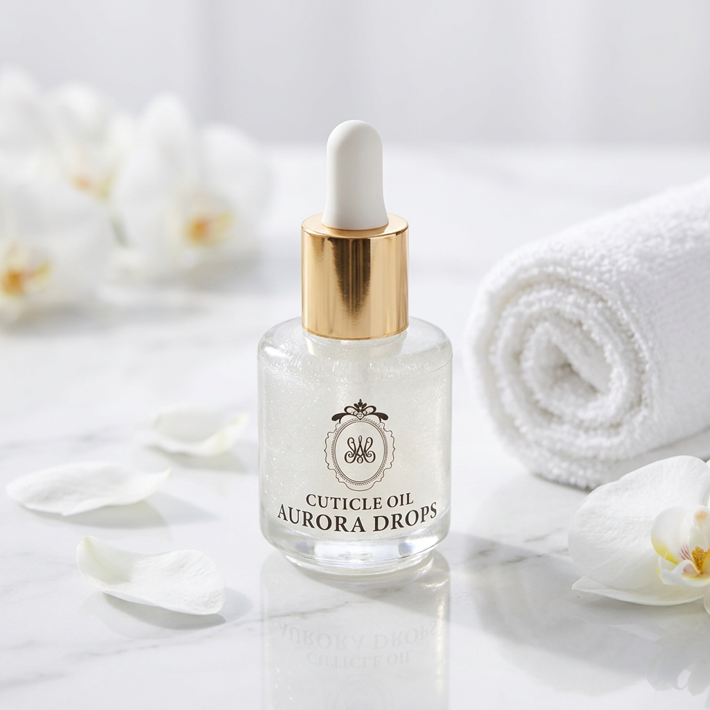 Studio Amelie Nagelöl Aurora Drops in Spa-Umgebung mit Orchidee und Handtuch