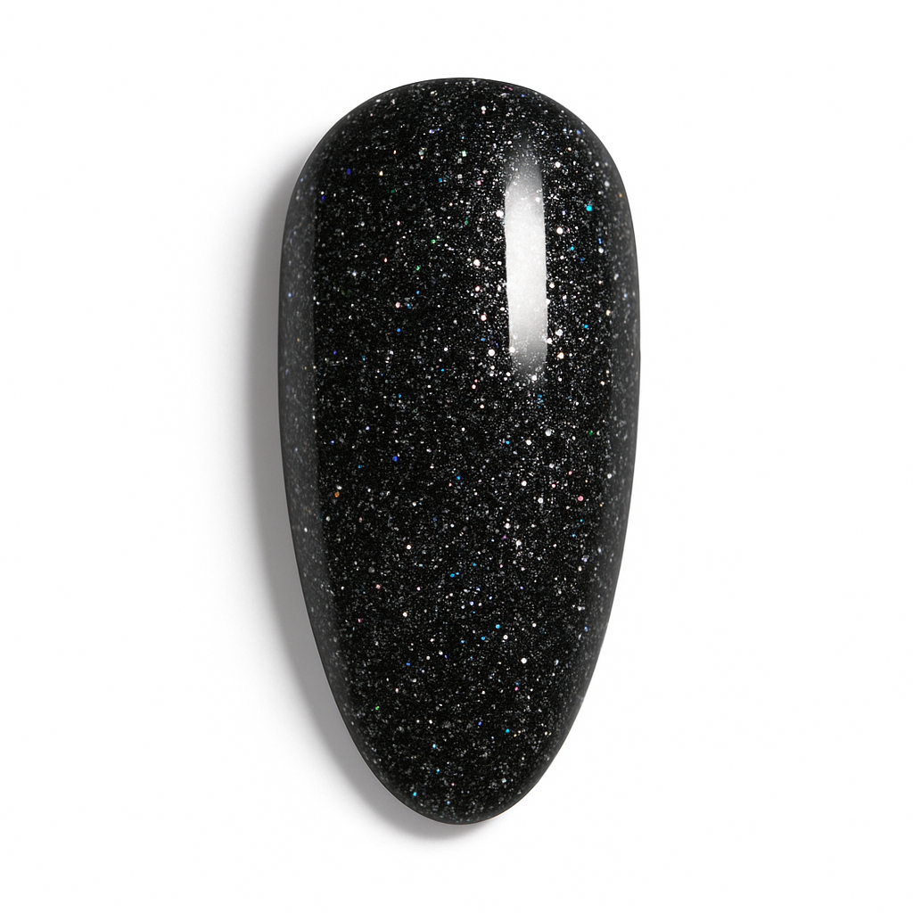 Studio Amelie Midnight Allure – Glitzer-Farbgel in Black Stardust, hochglänzend auf weißem Hintergrund