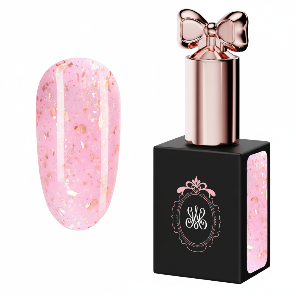 Blush Bloom Soak Off Builder Gel – leuchtendes Pink mit schimmernden, großflächigen Goldflakes und brillanter Farbtiefe, Studio Amelie Eternal Glow Collection.