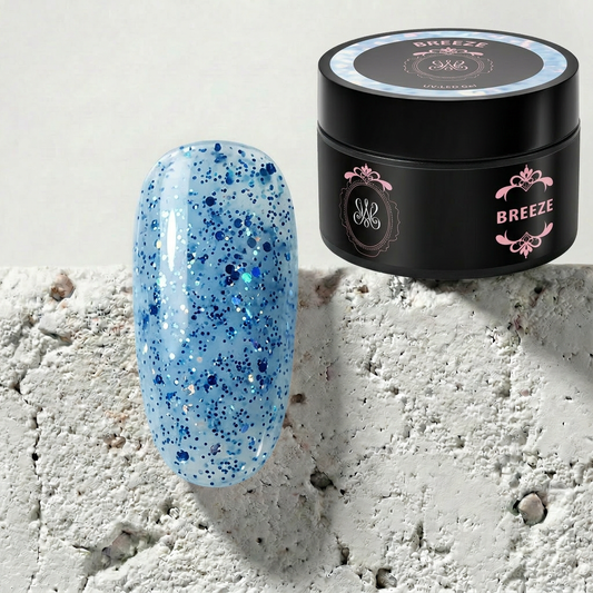 Studio Amelie Breeze UV-Gel – aquablaues Aufbaugel mit intensivem Glitzer-Finish für sommerliche Nagelmodellagen.