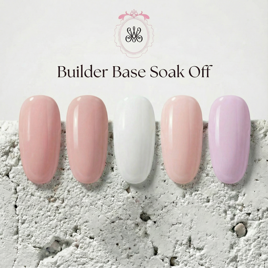 Farbauswahl der Studio Amelie Builder Base Soak Off – Fünf verschiedene Nuancen von Nude bis Marshmallow für die professionelle Naturnagelverstärkung.