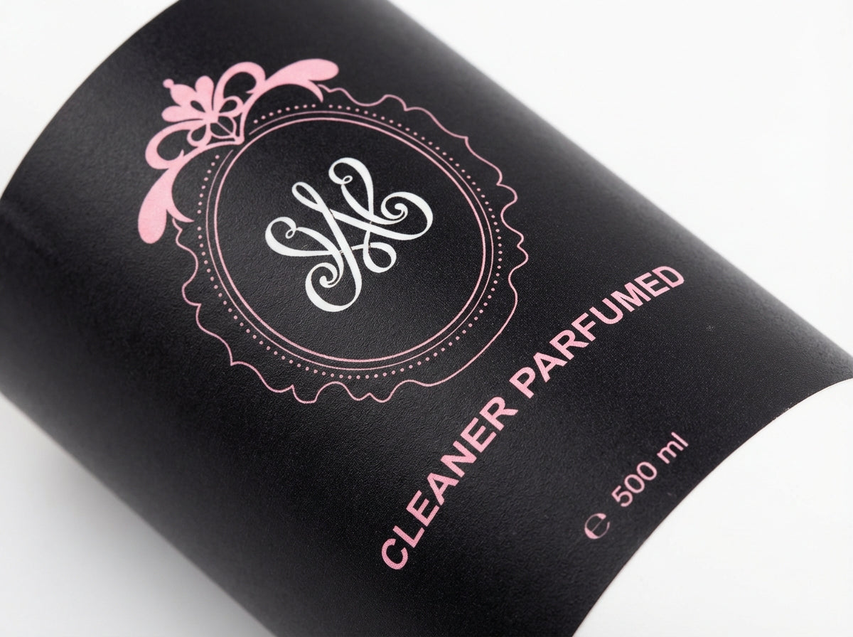 Detailaufnahme des Studio Amelie Cleaner Parfümiert – edles schwarzes Etikett mit rosa Logo und 500ml Inhaltsangabe.