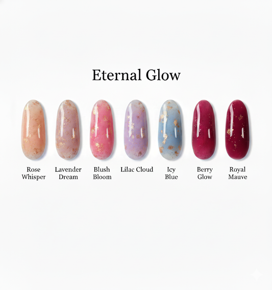 Eternal Glow Soak Off Builder Gel Collection mit 7 Farbtönen und unregelmäßigen Goldflakes – Studio Amelie Setangebot 6 + 1 gratis.