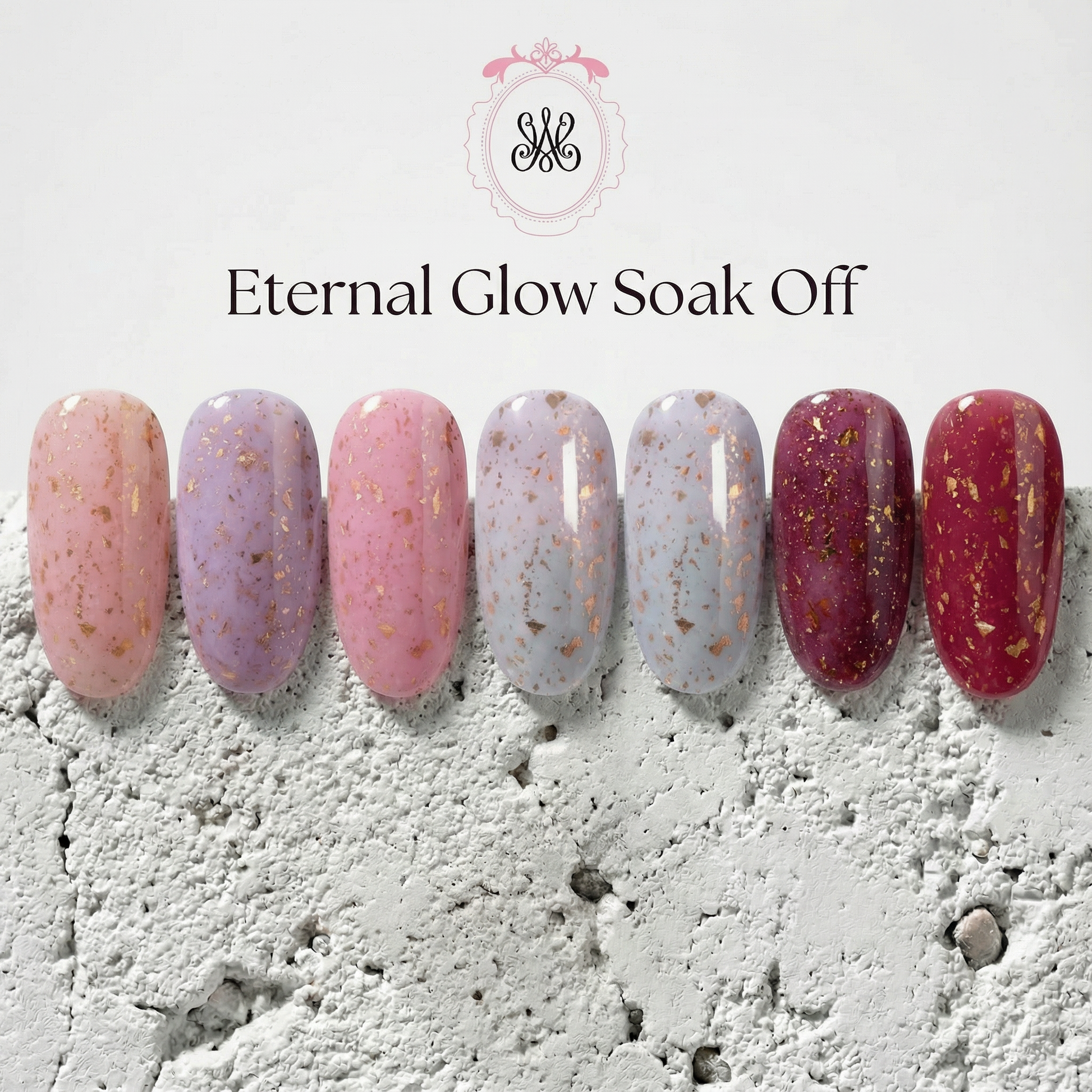 Eternal Glow Soak Off Builder Gel Collection mit 7 Farbtönen und unregelmäßigen Goldflakes – Studio Amelie Setangebot 6 + 1 gratis.