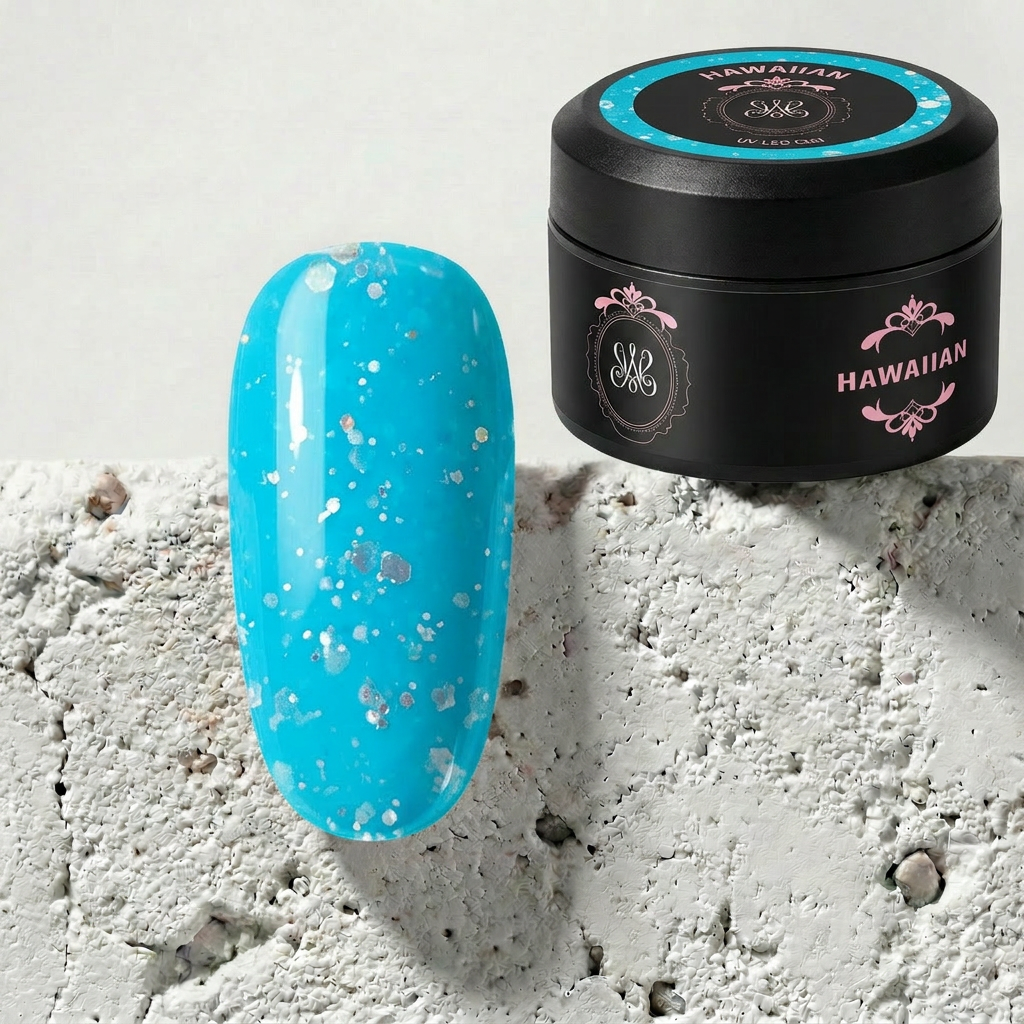 Studio Amelie Hawaiian UV-Gel – türkisfarbenes Aufbaugel mit sommerlichem Glitzer-Look für das perfekte Nageldesign.
