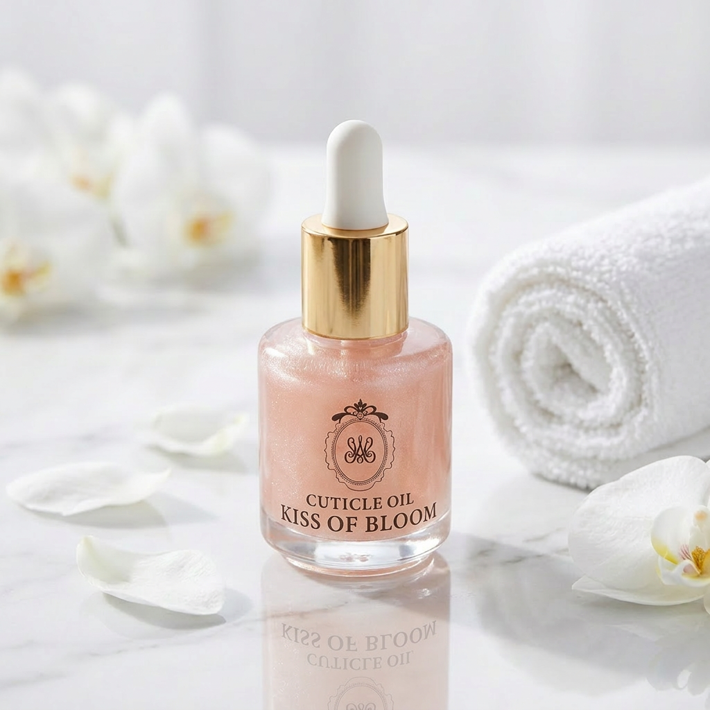 Studio Amelie Nagelöl Kiss of Bloom in Spa-Umgebung mit weißen Orchideen