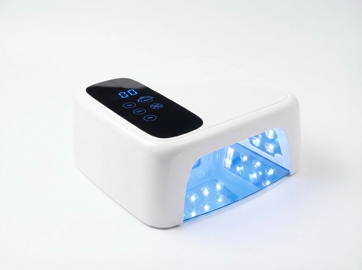 Studio Amelie UV/LED Lampe 72W Classic White Edition – minimalistisches Design in Weiß mit blauem Digital-Display und Dual-LED-Technologie.