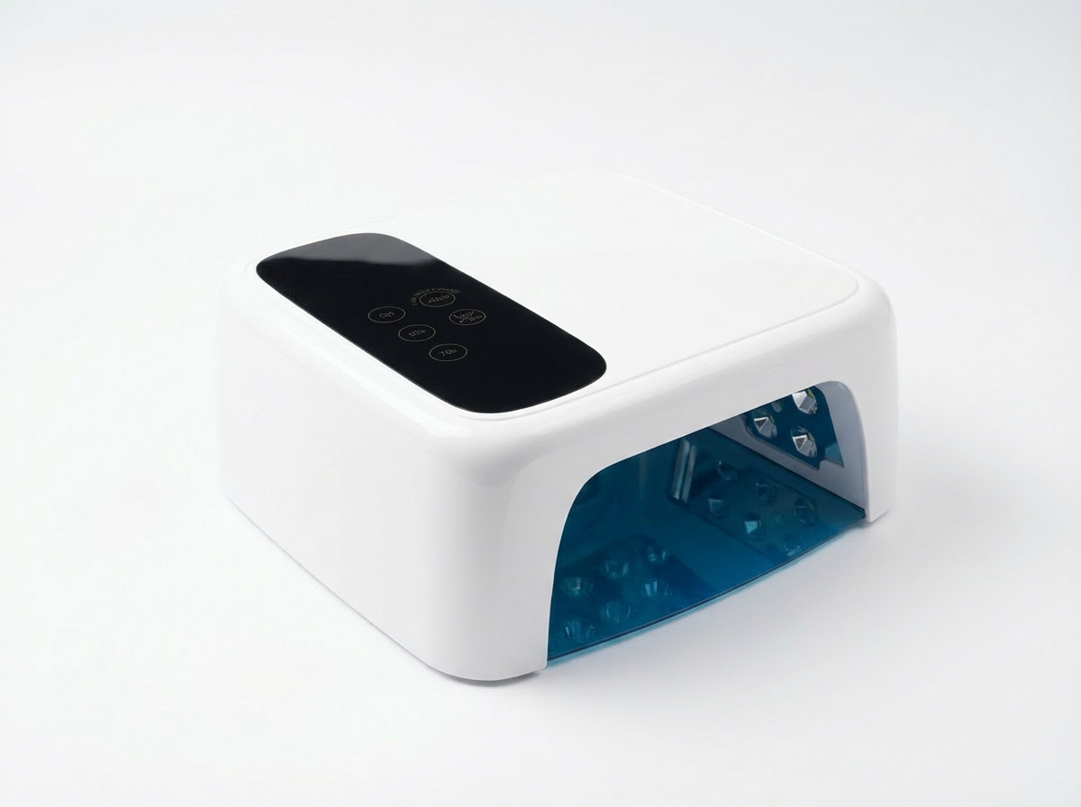 Studio Amelie UV/LED Lampe 72W Classic White Edition – minimalistisches Design in Weiß mit blauem Digital-Display und Dual-LED-Technologie.