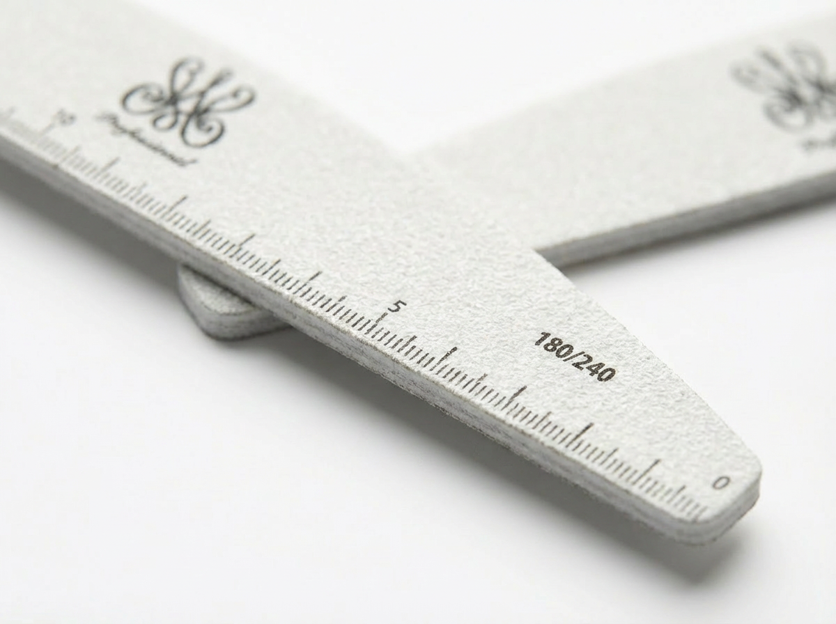 Weiße Halbmond‑Nagelfeile 180/240 mit integriertem Maßband für exakte Längenmessung.