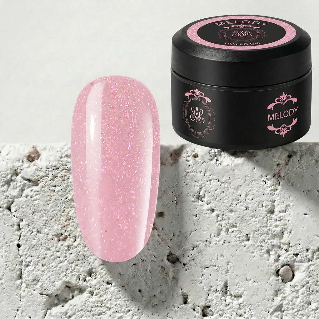 Studio Amelie Melody UV-Gel – sanft rosafarbenes Aufbaugel mit zartem Glanz für eine harmonische Nagelmodellage.