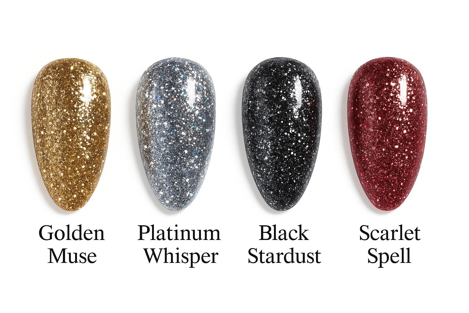 Studio Amelie – Midnight Allure Collection – Soak-Off Glitter Gel in [Farbnamen], auf weißem Hintergrund, glänzend