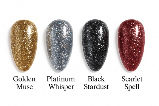 Studio Amelie – Midnight Allure Collection – Soak-Off Glitter Gel in [Farbnamen], auf weißem Hintergrund, glänzend