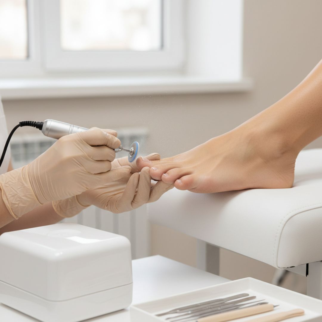 Anwendung der Pododisc-Technik bei einer Dry Pedicure – maschinelle Hornhautentfernung.