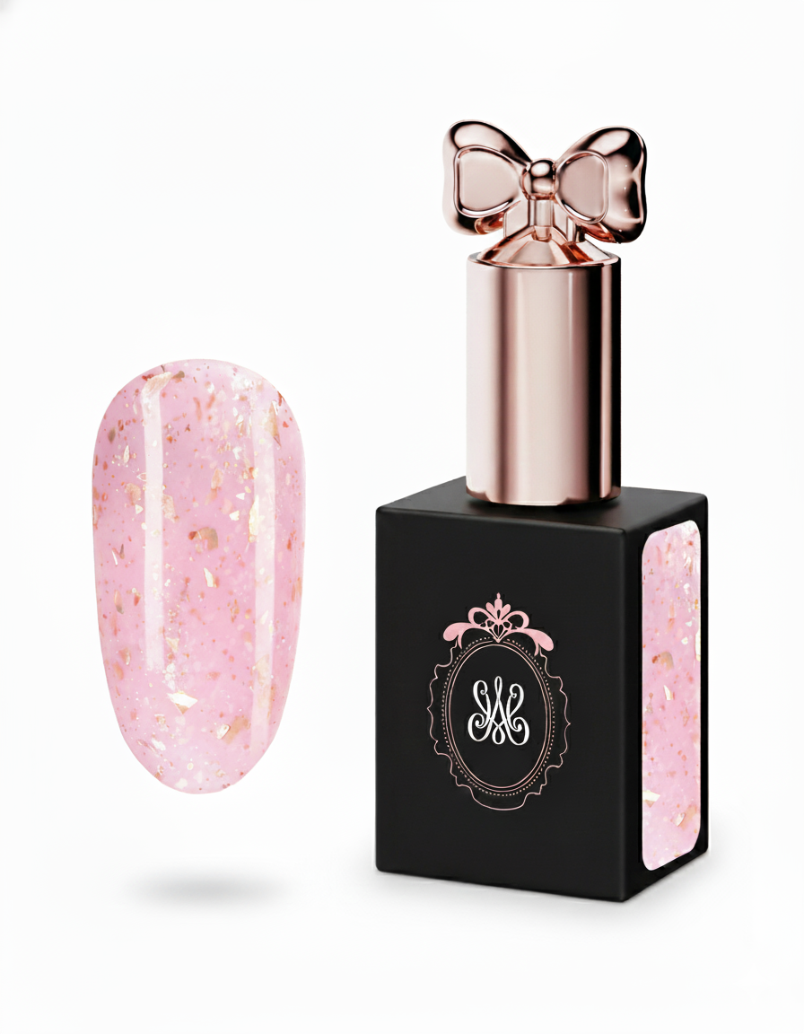 Rose Whisper Soak Off Builder Gel – zartes Rosé mit unregelmäßigen 3D-Goldflakes und hochglänzendem Finish, Studio Amelie Eternal Glow Collection.