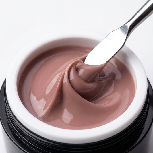 Offenes Wall Cover Gel in Mauve‑Nude mit Spatel – zeigt Konsistenz und thixotrope Textur.