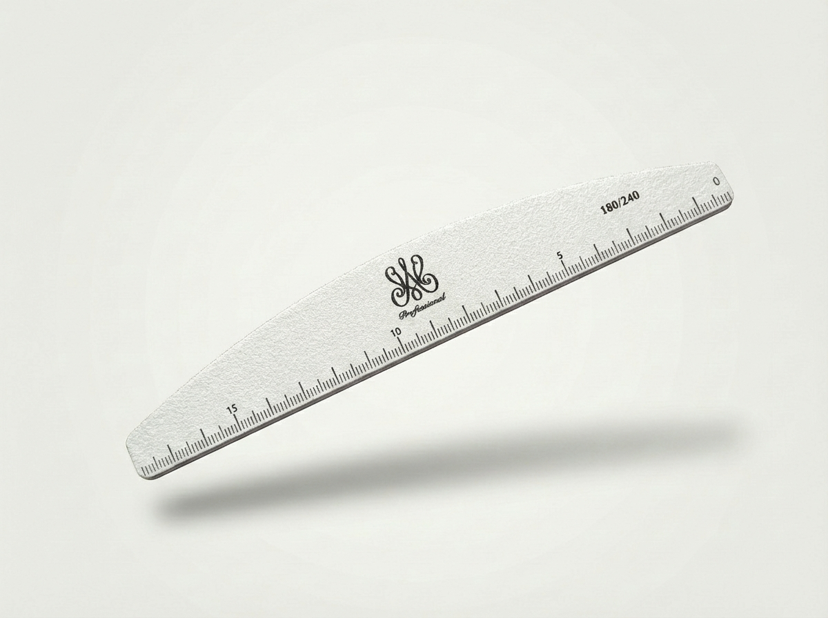 Weiße Halbmond‑Nagelfeile 180/240 mit integriertem Maßband für exakte Längenmessung.