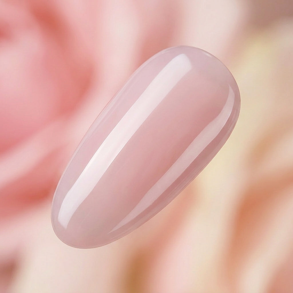 Nageltip in zartem Milchrosa mit Milky Pink Top Gel von Studio Amelie, transluzenter getönter Hochglanz