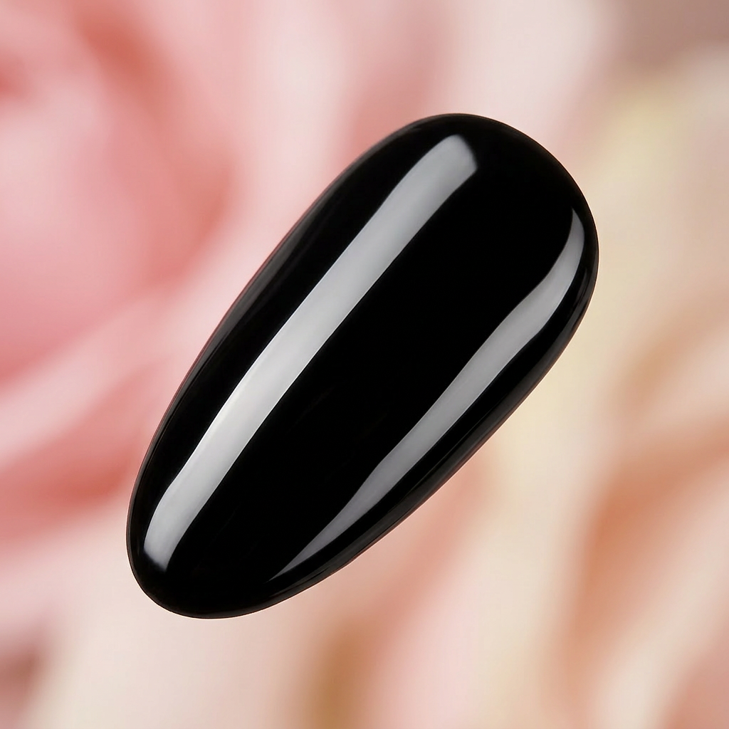 Glänzender schwarzer Nageltip mit No Wipe Top Coat Glänzend von Studio Amelie, spiegelnder Hochglanz ohne Schwitzschicht