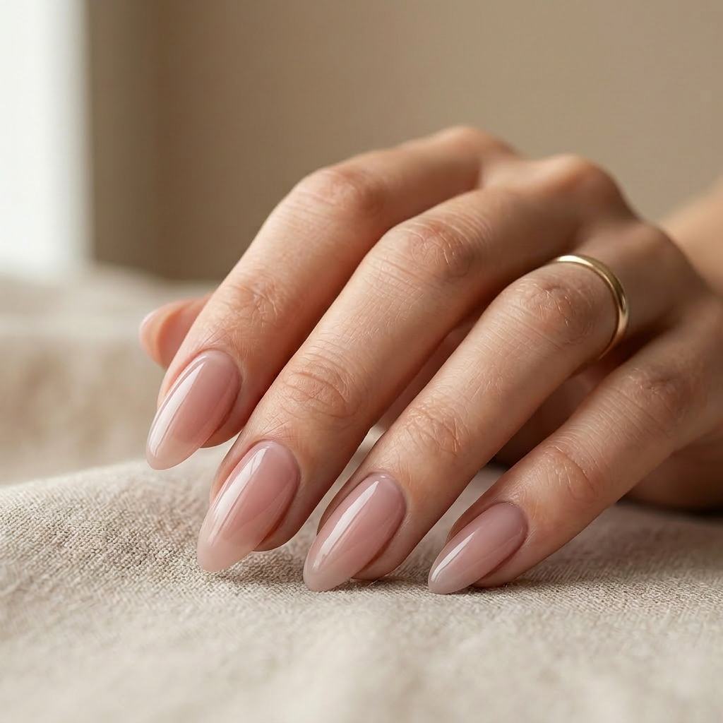 Hand mit goldenem Ring und mandelförmigen Nägeln in zartem Rosé-Nude, versiegelt mit Nude Top Gel von Studio Amelie