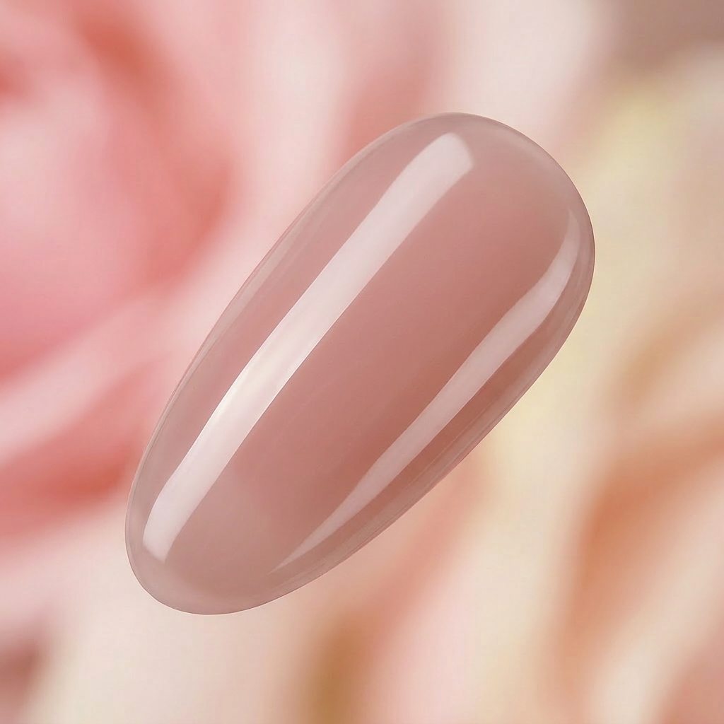 Nageltip in zartem Rosé-Nude mit Nude Top Gel von Studio Amelie, transluzenter getönter Hochglanz