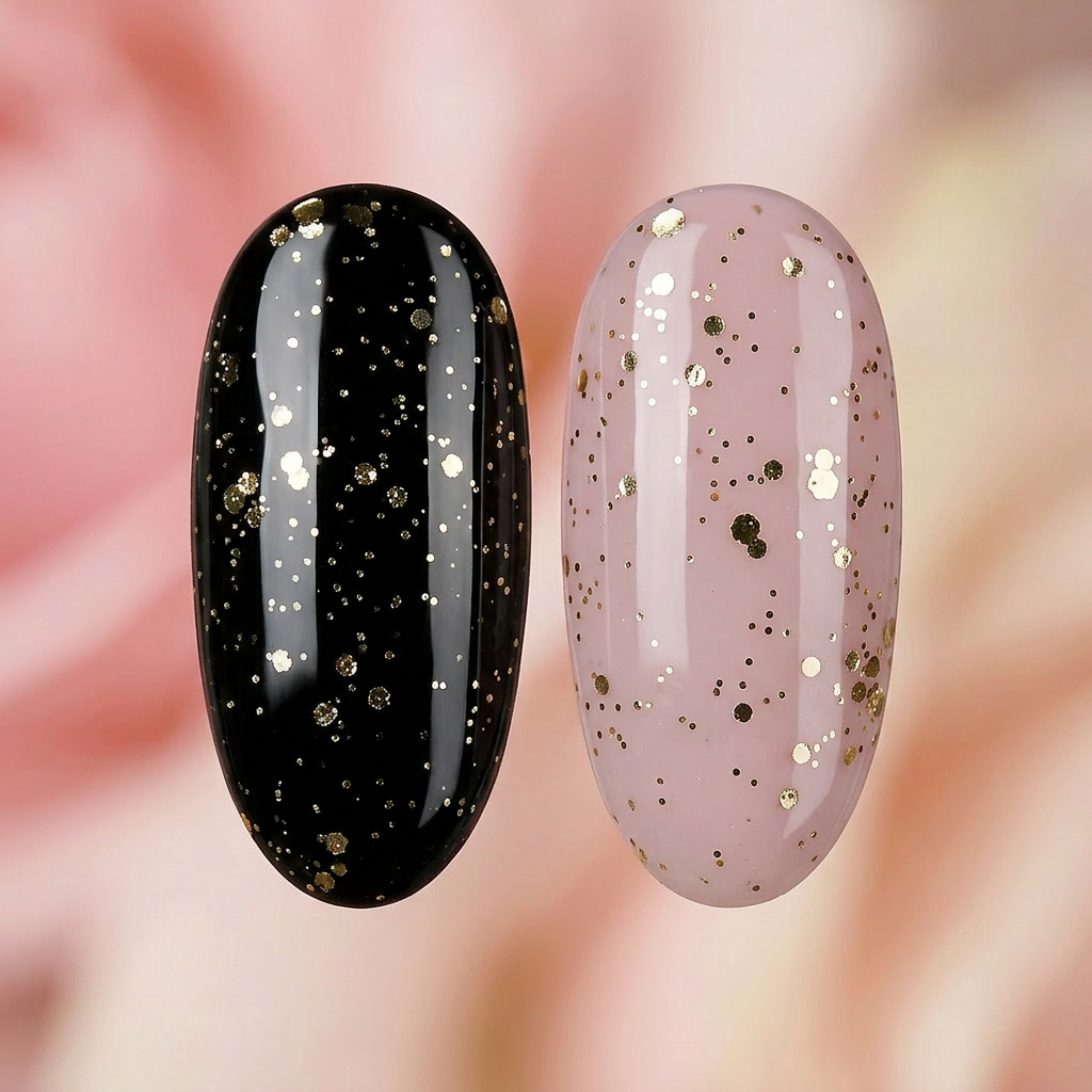Zwei Nageltips mit Spark Top Gel Gold von Studio Amelie über schwarzem und nude Untergrund, warmes Gold-Glitzer-Finish