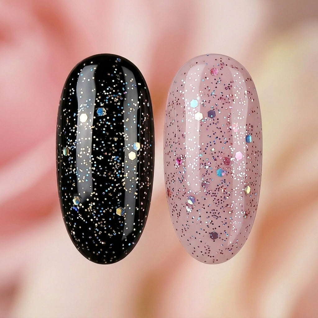 Zwei Nageltips mit Spark Top Gel Rosé von Studio Amelie über schwarzem und nude Untergrund, rosé-goldenes Glitzer-Finish