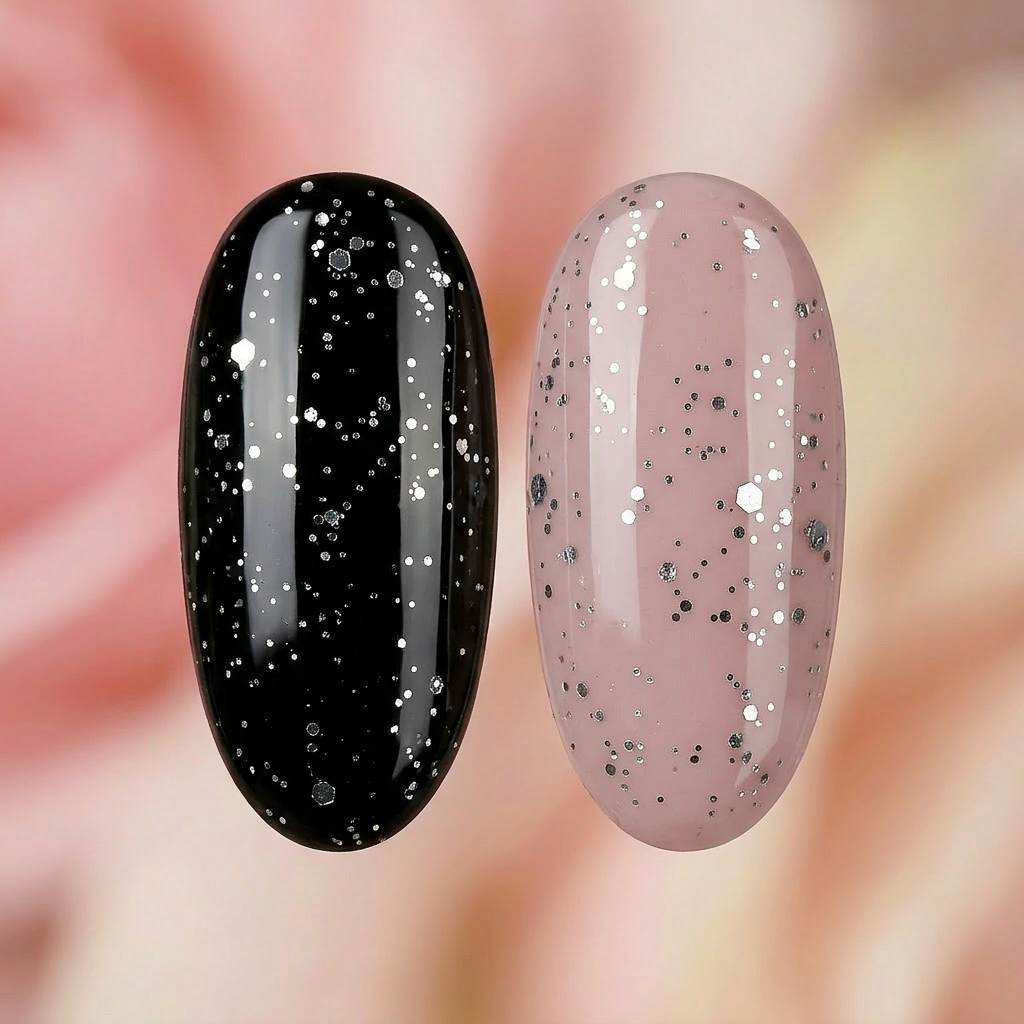 Zwei Nageltips mit Spark Top Gel Silber von Studio Amelie über schwarzem und nude Untergrund, kühles Silber-Glitzer-Finish
