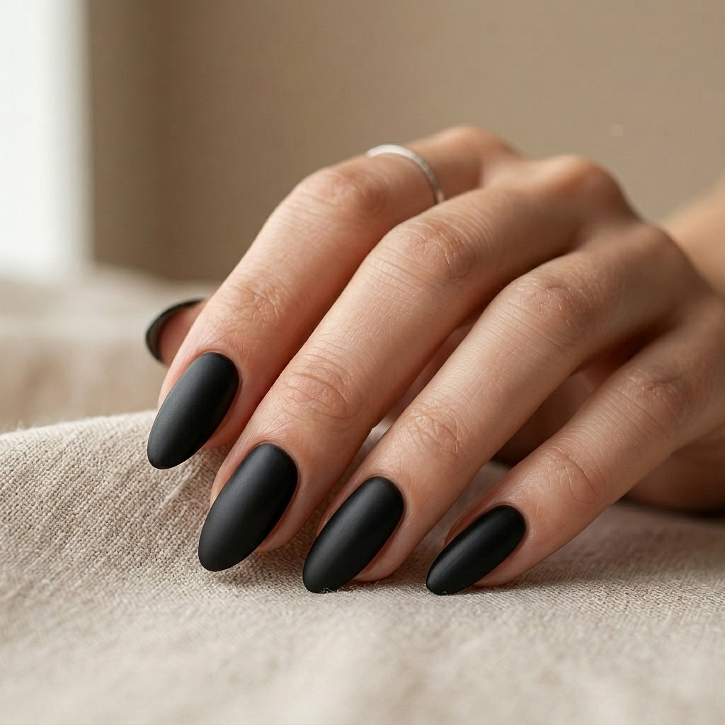 Hand mit silbernem Ring und mandelförmigen Nägeln in mattem Schwarz, versiegelt mit Velvet Top Coat Matt von Studio Amelie